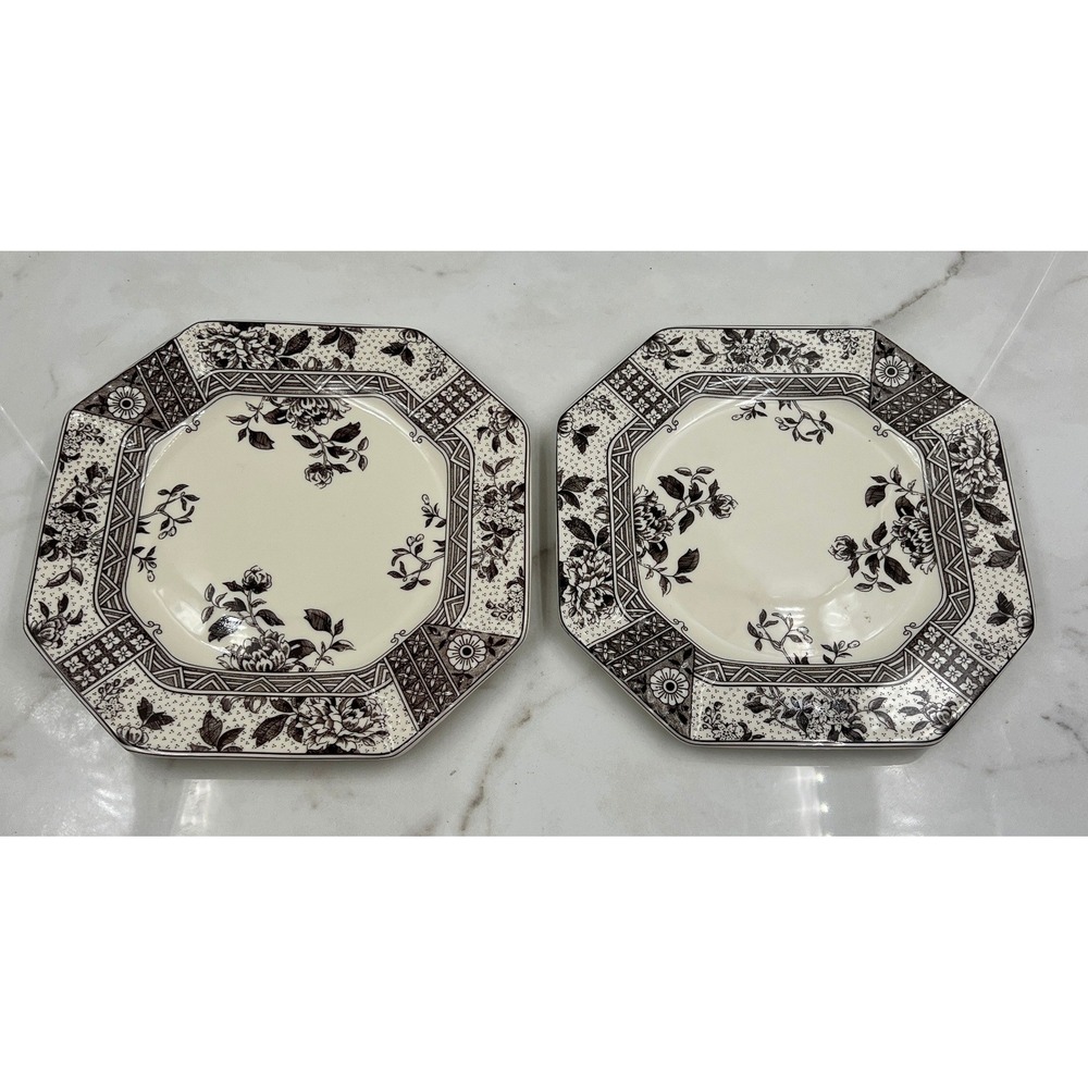 Two's Company Octagonal Plates Black White Floral Toile Ceramic Set of 2 9.5"